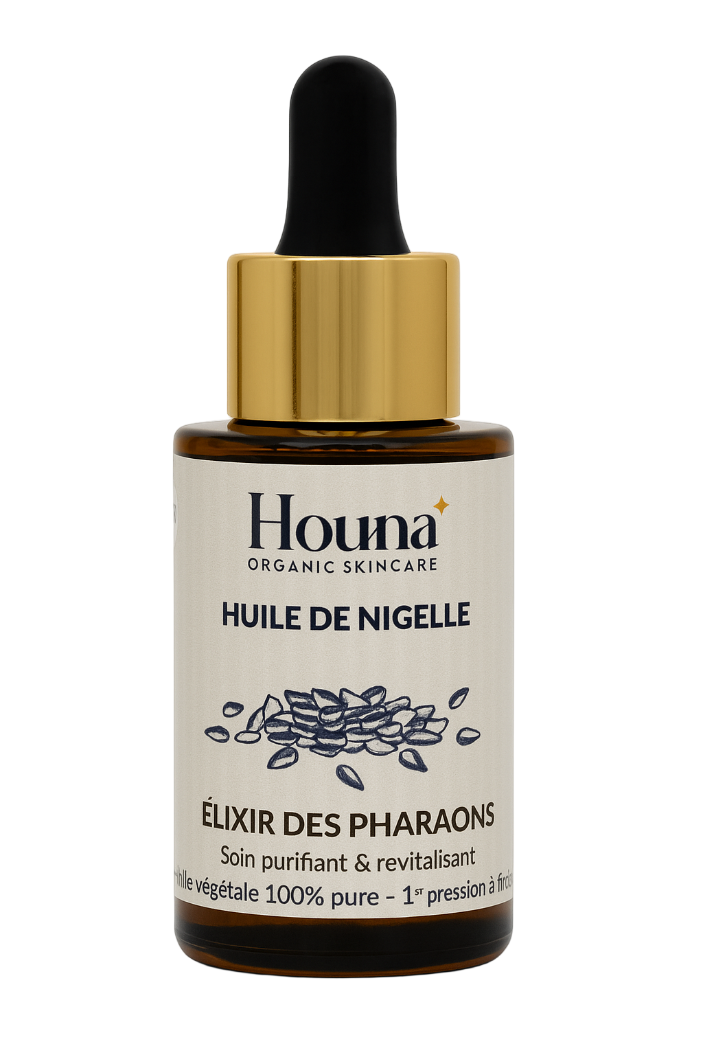 Huile de Nigelle – Élixir des Pharaons de Houna Organic Skincare, flacon ambré 30 ml avec pipette dorée sur fond blanc, soin purifiant et revitalisant 100 % naturel.