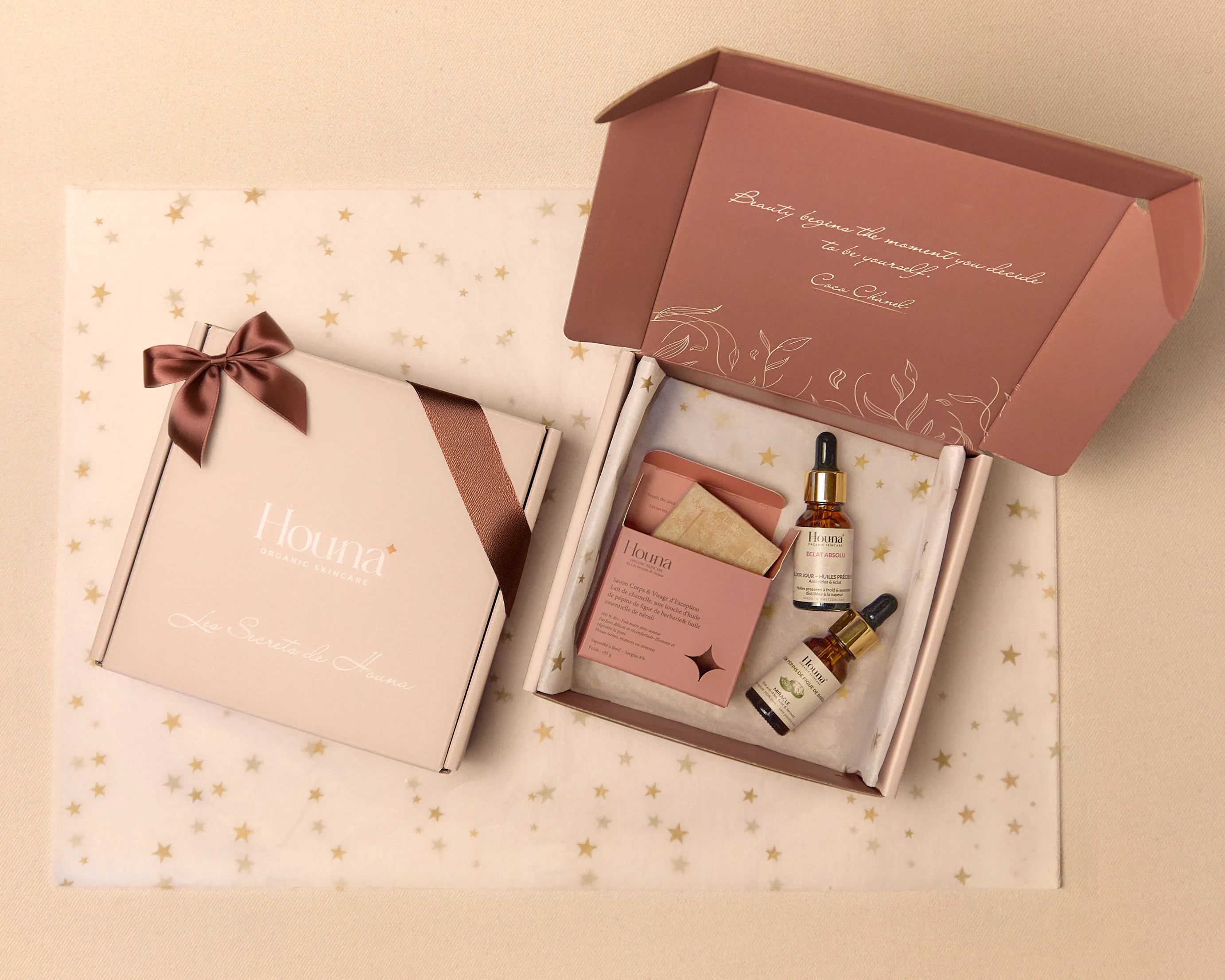 Coffret Le Rituel Bonne Mine Houna - huile MIRACLE pépins de figue de Barbarie, sérum ÉCLAT ABSOLU et savon au lait de chamelle, soins naturels suisses