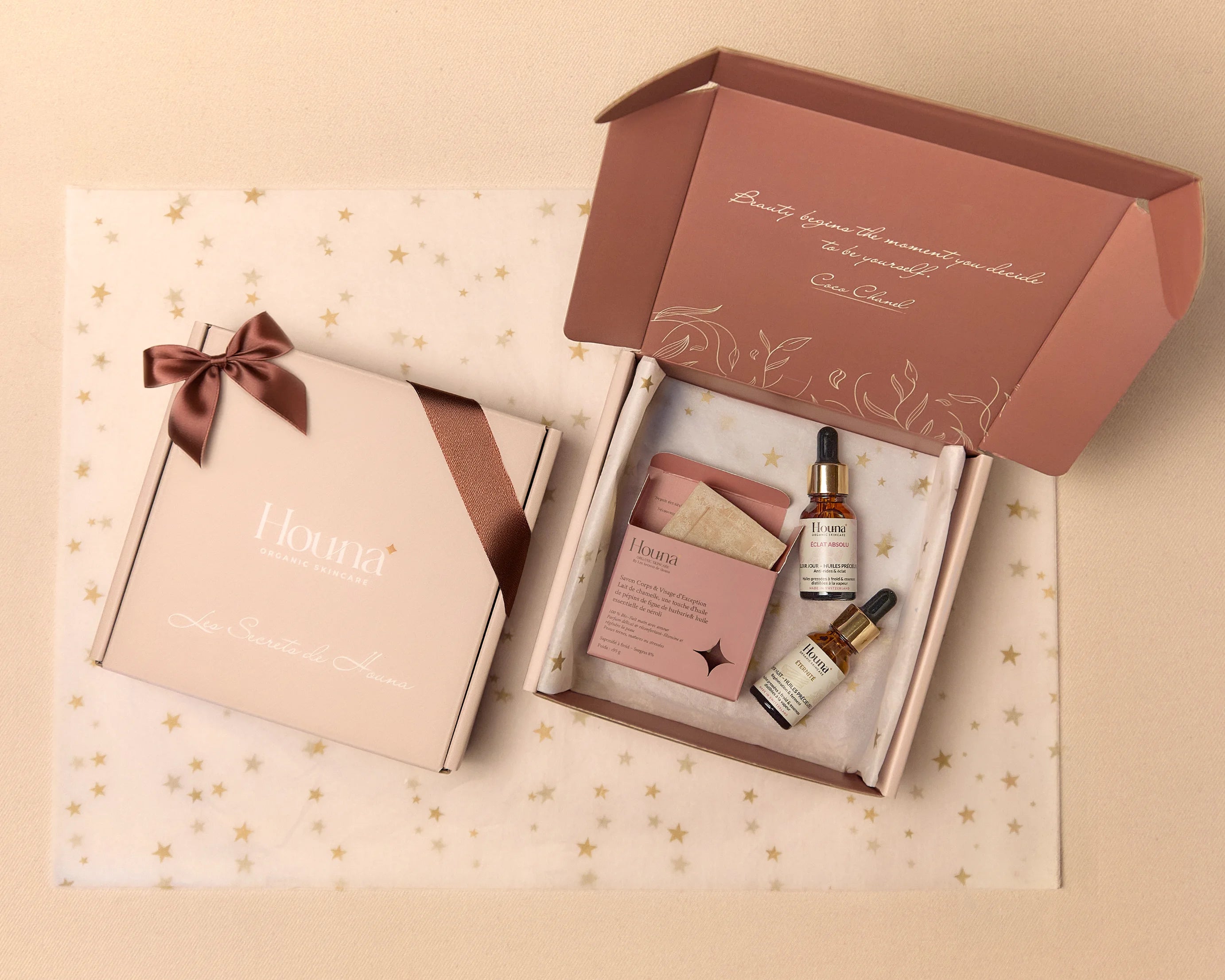 Coffret Le Rituel Visage Houna - duo sérums visage suisses ÉCLAT ABSOLU jour et ÉTERNITÉ nuit, savon artisanal, cosmétiques naturels premium