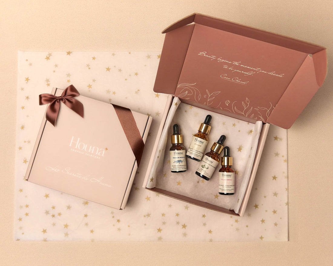 Le Coffret Signature Houna - 4 soins emblématiques : Élixir des Pharaons, ÉTERNITÉ nuit, MIRACLE et ÉCLAT ABSOLU jour, rituel beauté ancestral suisse premium