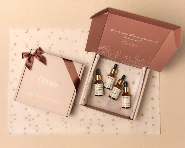 Le Coffret Signature Houna - 4 soins emblématiques : Élixir des Pharaons, ÉTERNITÉ nuit, MIRACLE et ÉCLAT ABSOLU jour, rituel beauté ancestral suisse premium