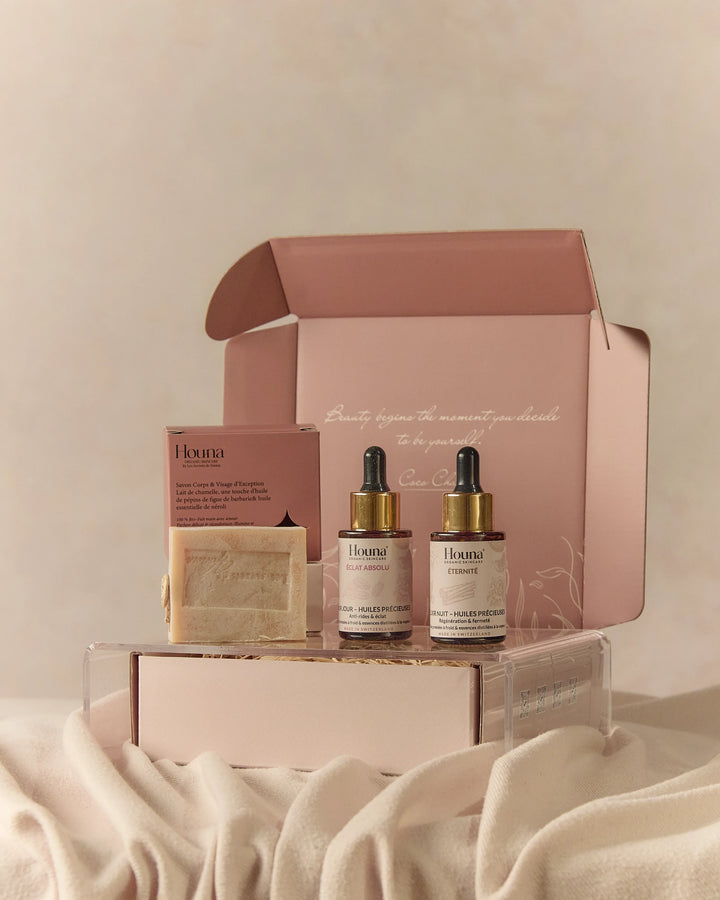 Le Rituel Visage Houna en flacons - sérums anti-âge ÉCLAT ABSOLU et ÉTERNITÉ aux huiles précieuses, savon doux visage, soins naturels formulés en Suisse